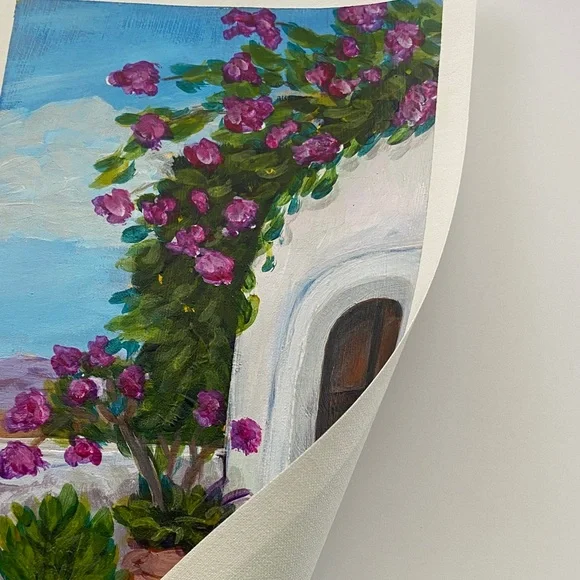 Greek Island Courtyard Floral Wall Art with Purple and Green Accents - Picture 6 of 6